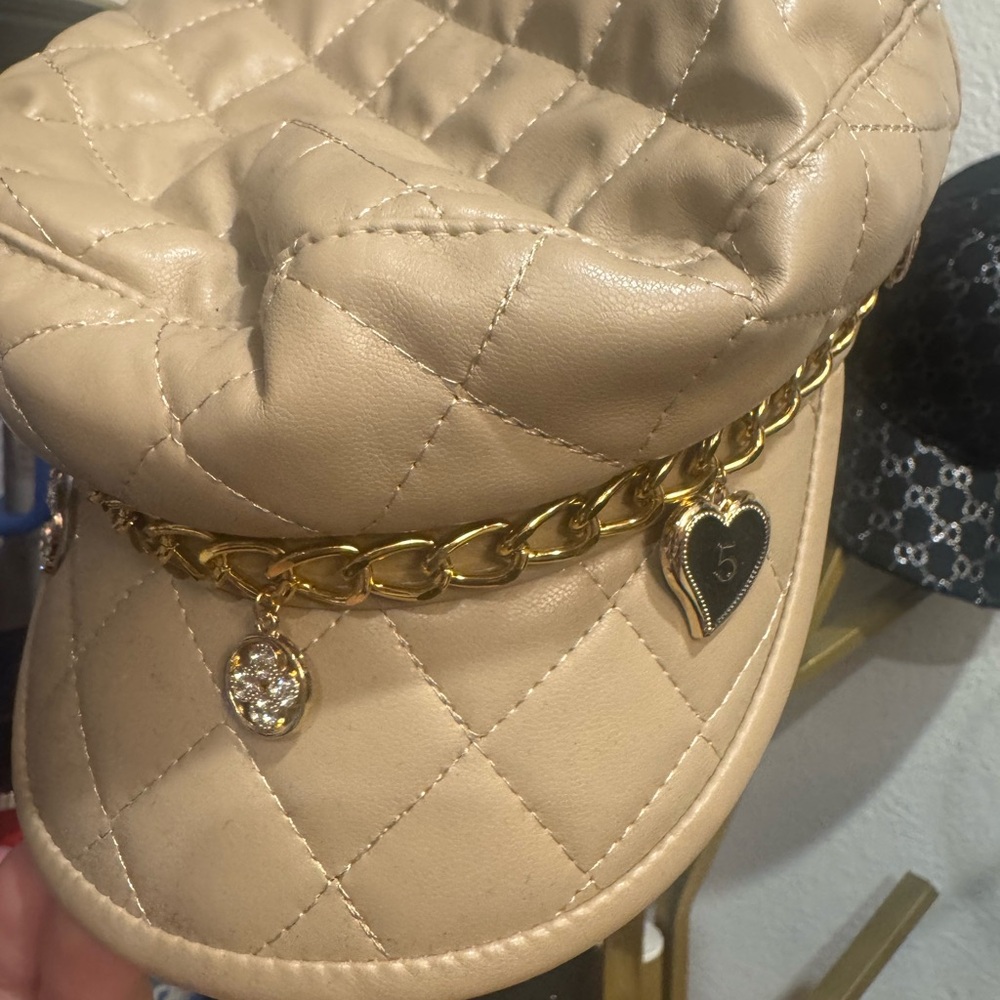 Quilted Tan Cap with Gold Chain